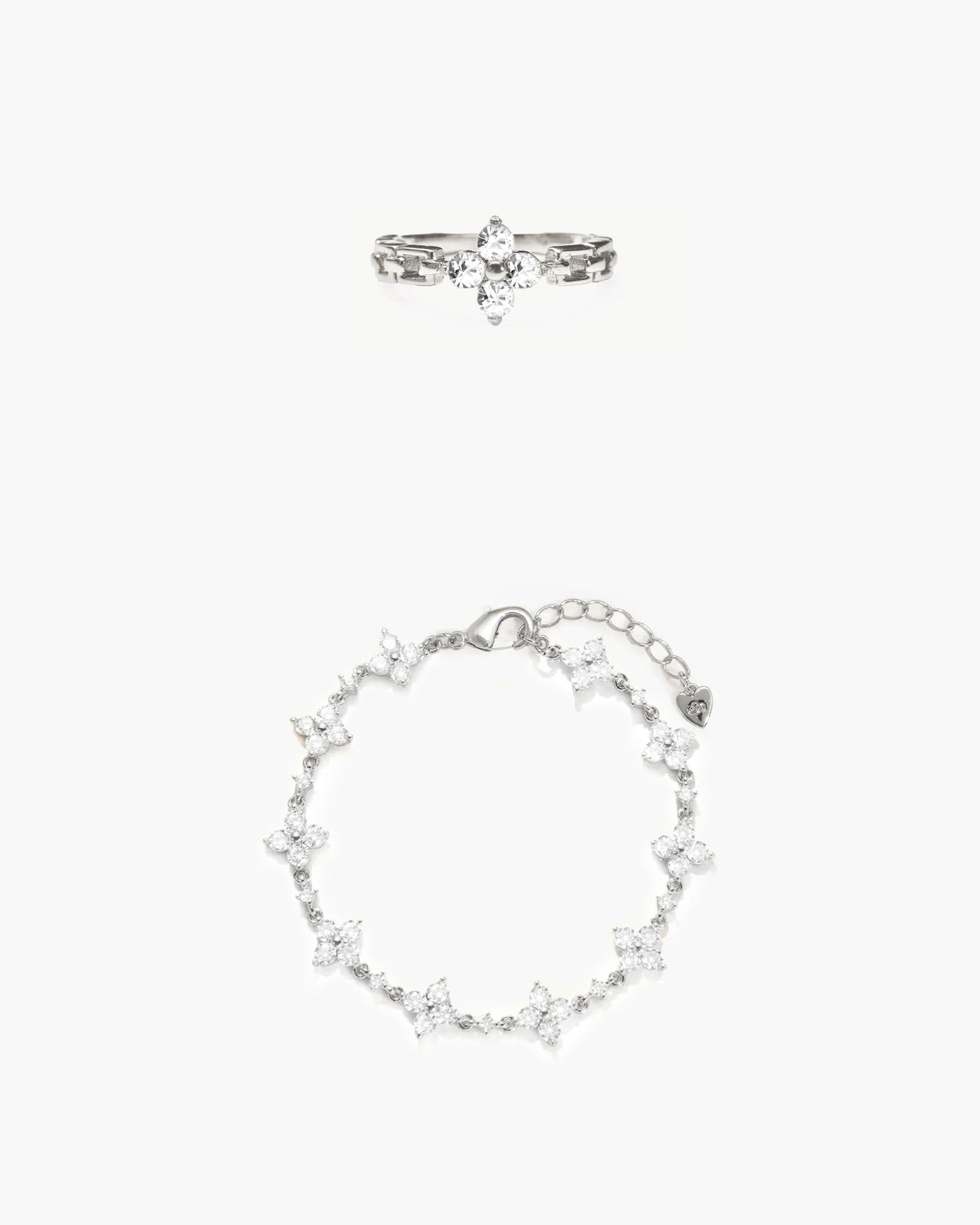 Sparkle Clover Bracelet and Ring Set in Silver
