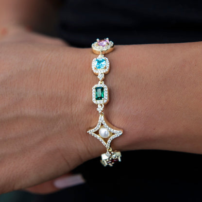 Colored Gemstone Pearl Bracelet in Yellow Gold